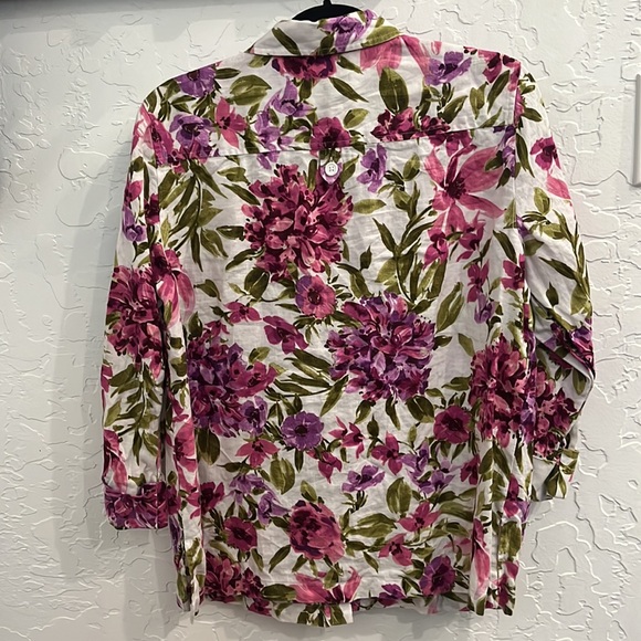 EUC Jones New York Floral 100% Linen Button Down 3/4 Sleeve Blouse ~ L - Picture 3 of 3